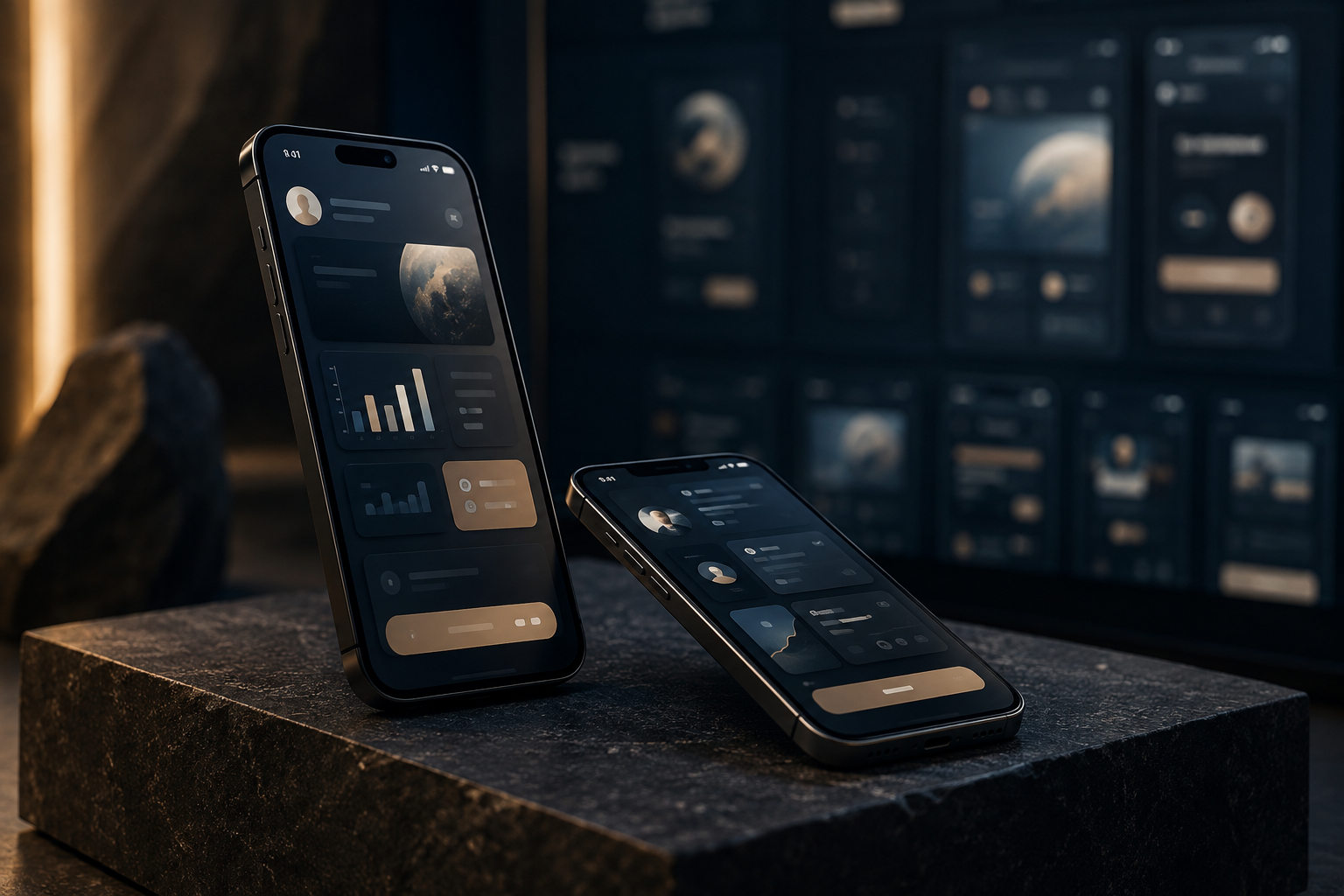 Des maquettes d’application sur deux téléphones.